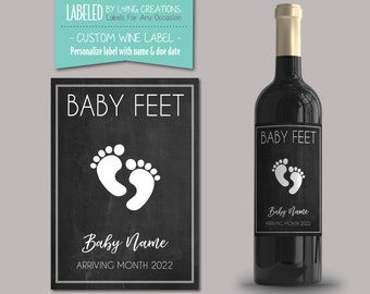 pregnancy baby announcement wine bottle label - announcing pregnancy - baby feet - new baby - pregnancy reveal label - custom family label