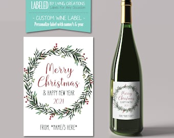 Merry Christmas & happy new year wine bottle label - Christmas / Holiday sticker  - gift for christmas - holiday gift - Christmas wreath
