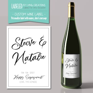 engagement gift for couple - happy engagement wine label - custom couple names - personalized congrats label  - waterproof wine sticker