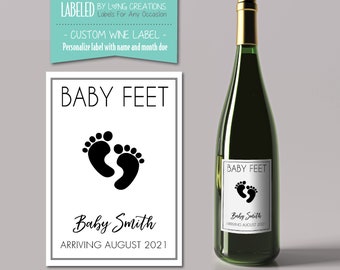 pregnancy baby announcement wine bottle label - announcing pregnancy - baby feet - new baby - pregnancy reveal label - custom family label