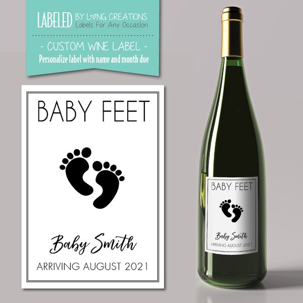 pregnancy baby announcement wine bottle label - announcing pregnancy - baby feet - new baby - pregnancy reveal label - custom family label
