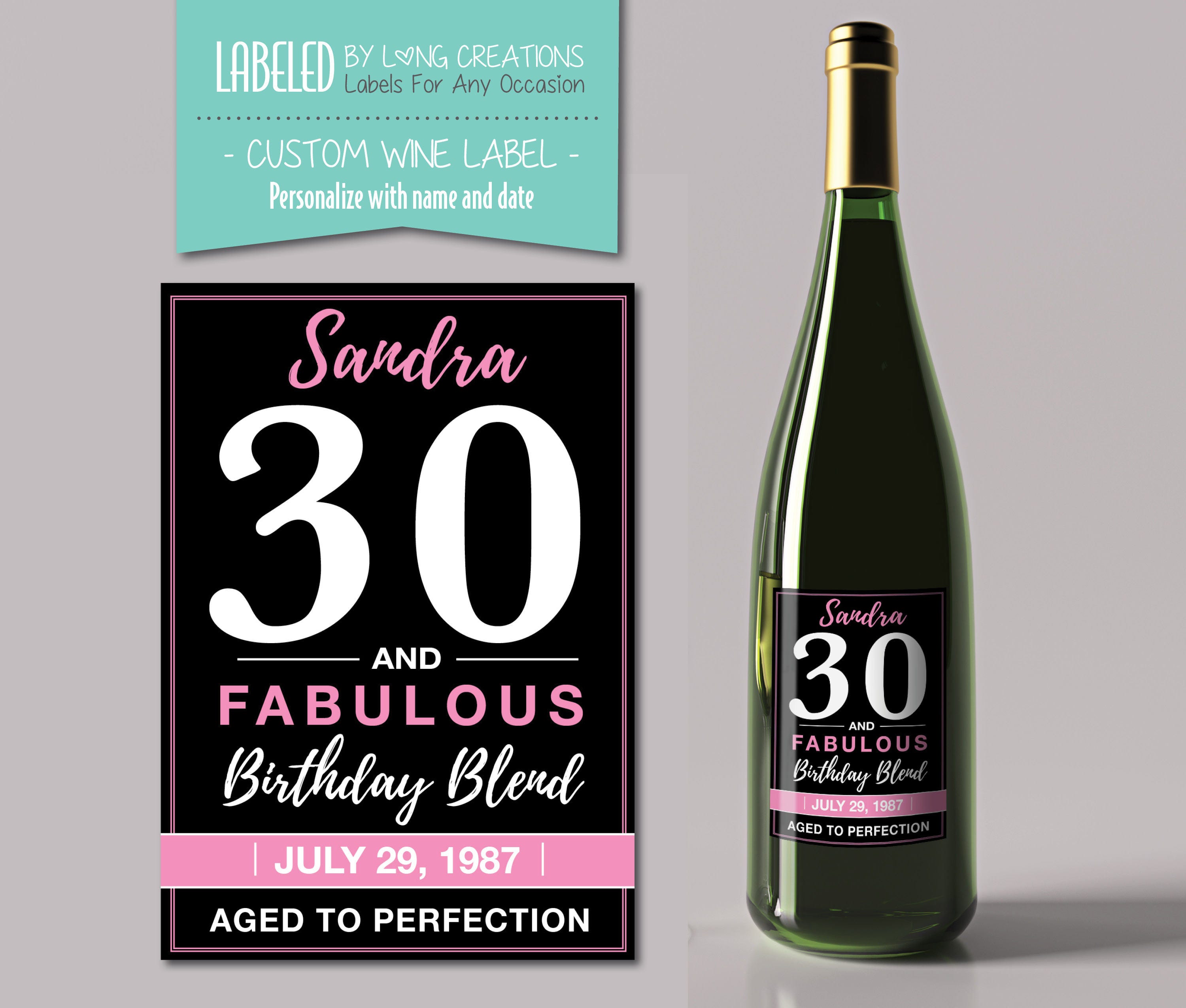 custom wine label - 30 and fabulous - 30th birthday gift