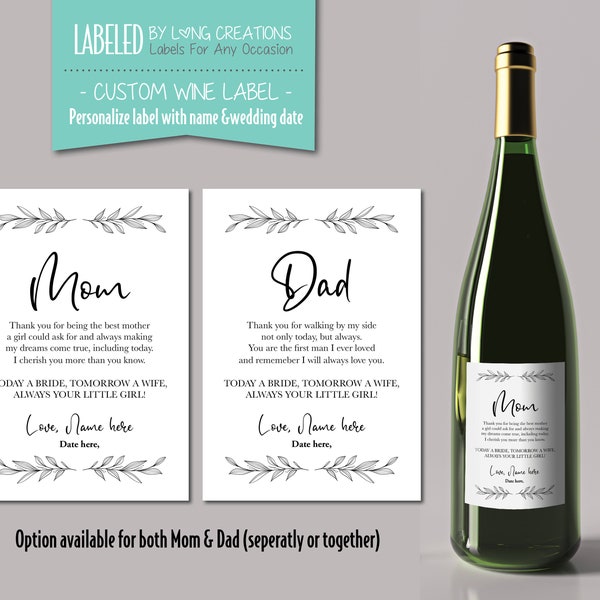 mother of the bride gift - father of the bride gift - wine label for mom and dad - wedding day gift idea - gift from Bride to mom & dad