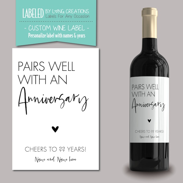 anniversary wine label, gift for couple, pairs well with an anniversary, personalized anniversary gift, anniversary gift, gift for him / her