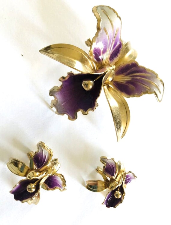 3pc Vintage Enamel Purple FLOWER PINS Orchid Iris 