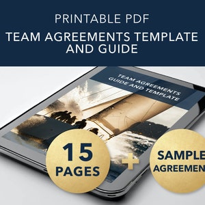 May include: A digital tablet displaying a printable PDF document titled "Team Agreements Template and Guide". The document features a sailboat image and includes a sample agreement. The document is 15 pages long.