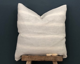 Natural Dove Grey Striped Linen Cushion Cover, Farmhouse Decor, Neutral Pillow 15 inch