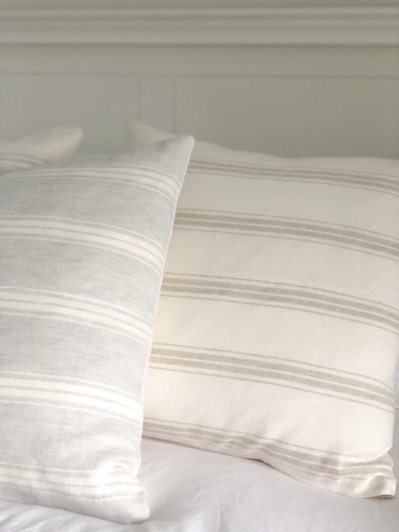 Natural Light Beige Striped Linen Cushion Cover, Farmhouse Decor, Neutral Pillow 18 inch image 5