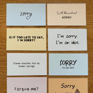 Afdrukbare verontschuldiging minikaarten, set van 10, instant download, het spijt me, inktvriendelijke, grappige sorry kaart, verontschuldigingskaart, sarcastische kaart (Set #2)