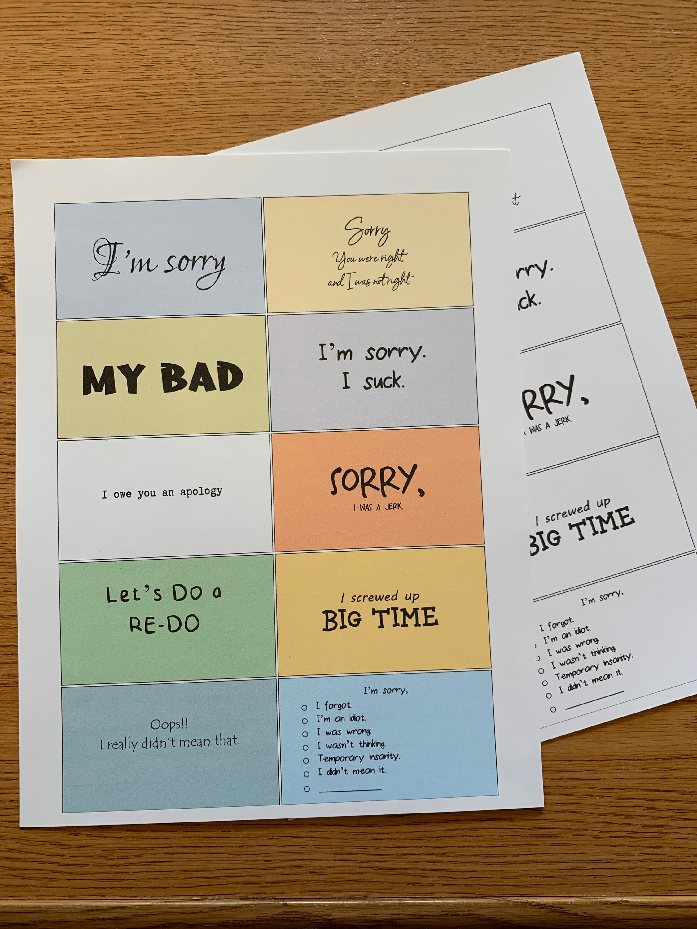 Printable Apology Mini Cards, Set of 10, Instant Download, I'm Sorry ...