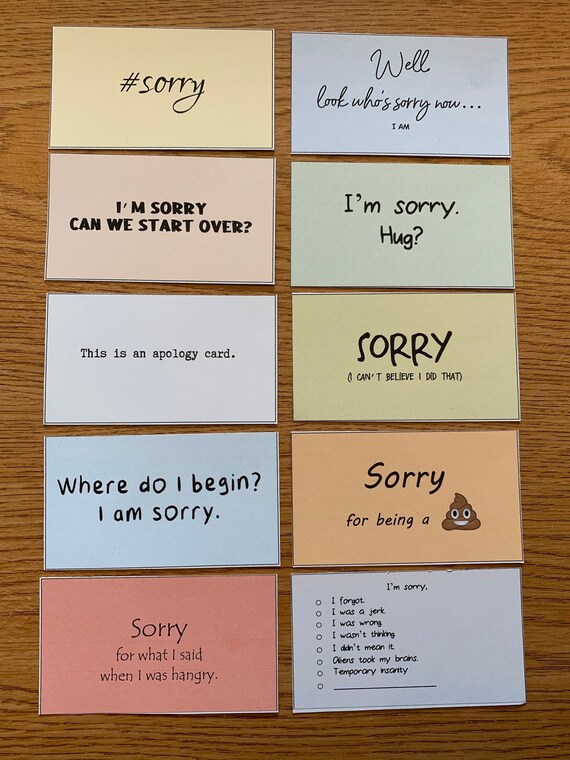 Printable apology mini cards, set of 10, instant download, i'm sorry, ink friendly, funny sorry card, apology card, sarcastic card (Set #3)