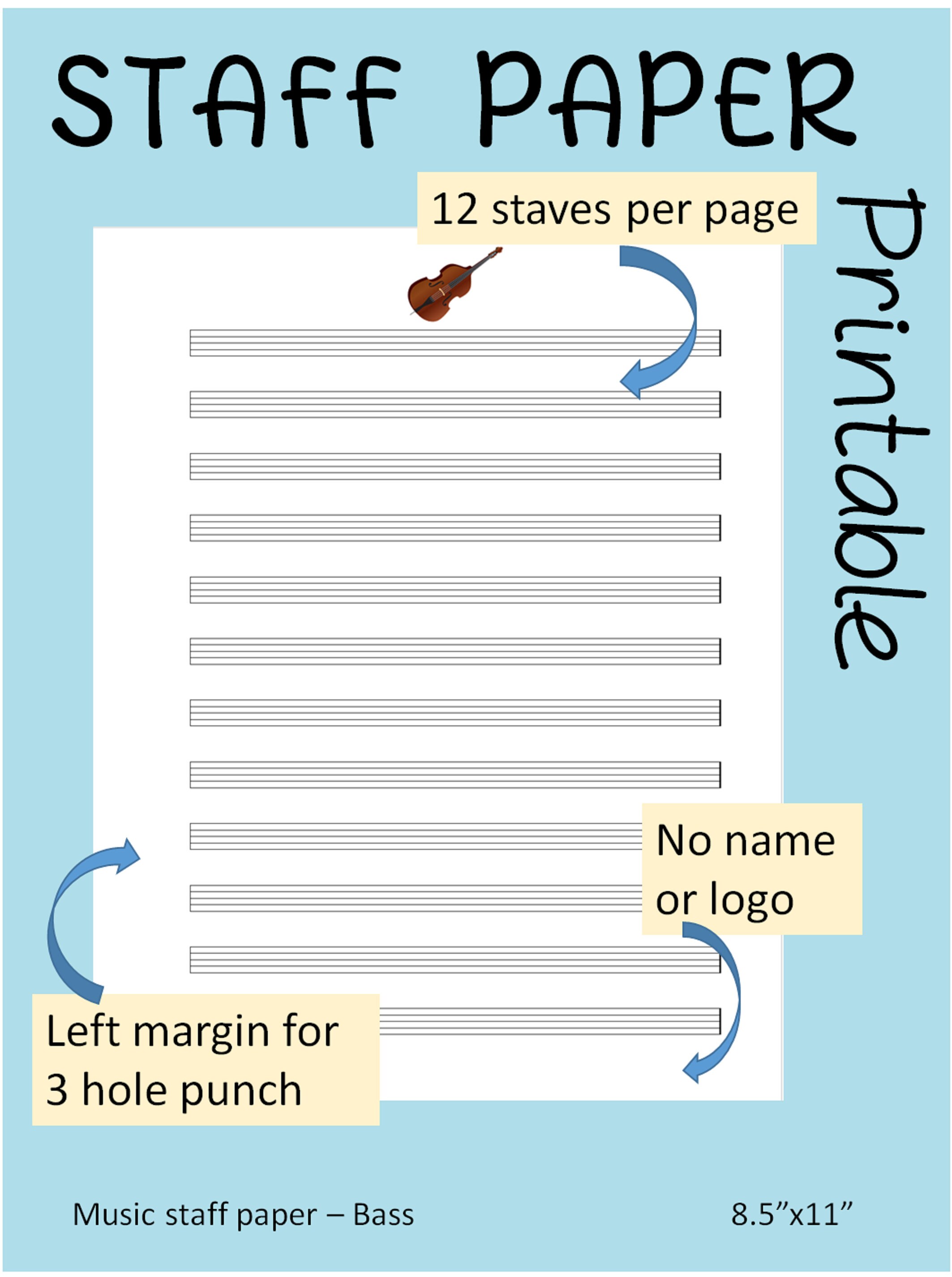 Double Bass Printable Sheet Music Paper | Instant Download | Blank ...