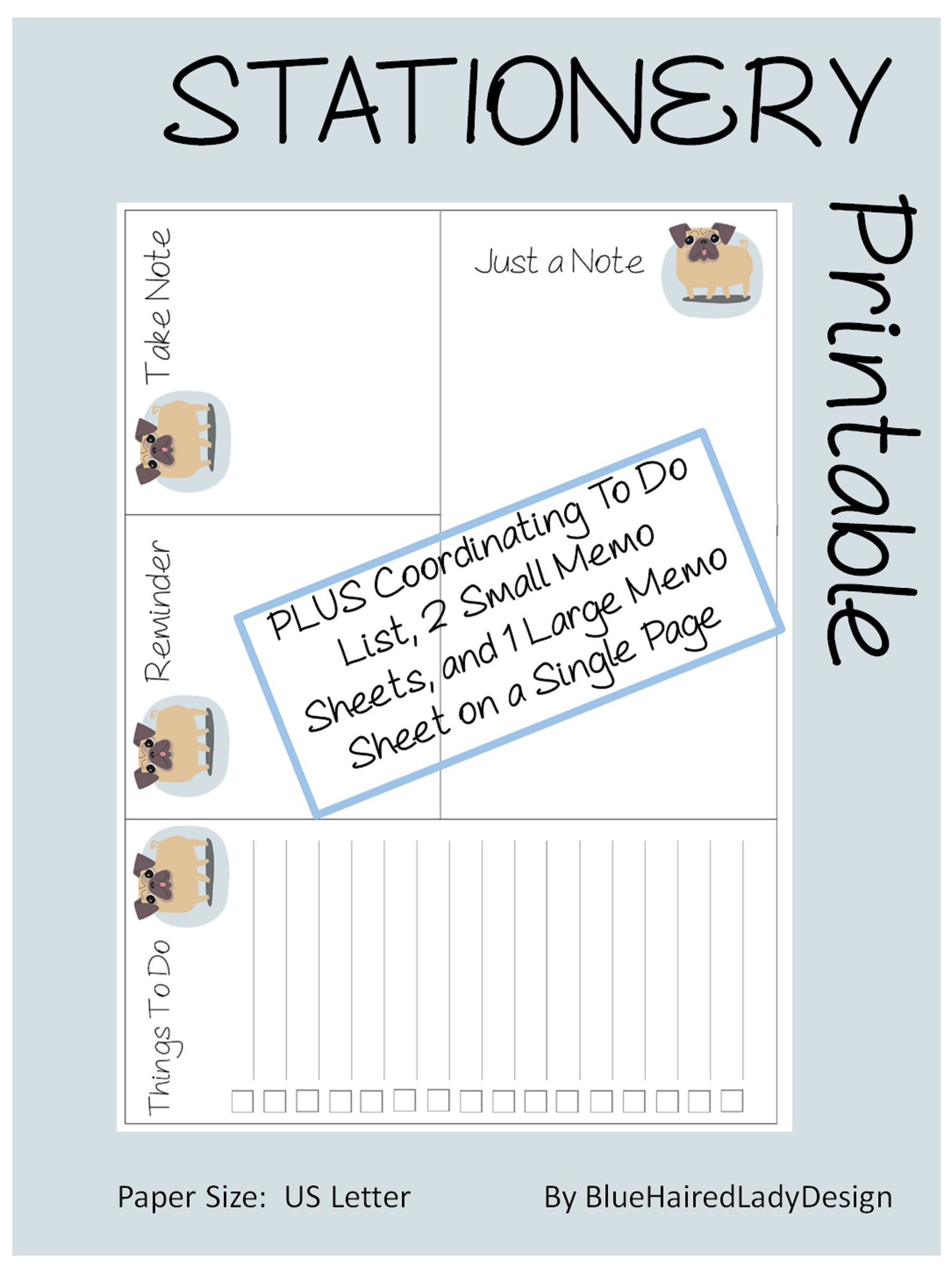 Pug Printable Stationery Paper Set to Do Lists &amp; Memo Sheets - Etsy