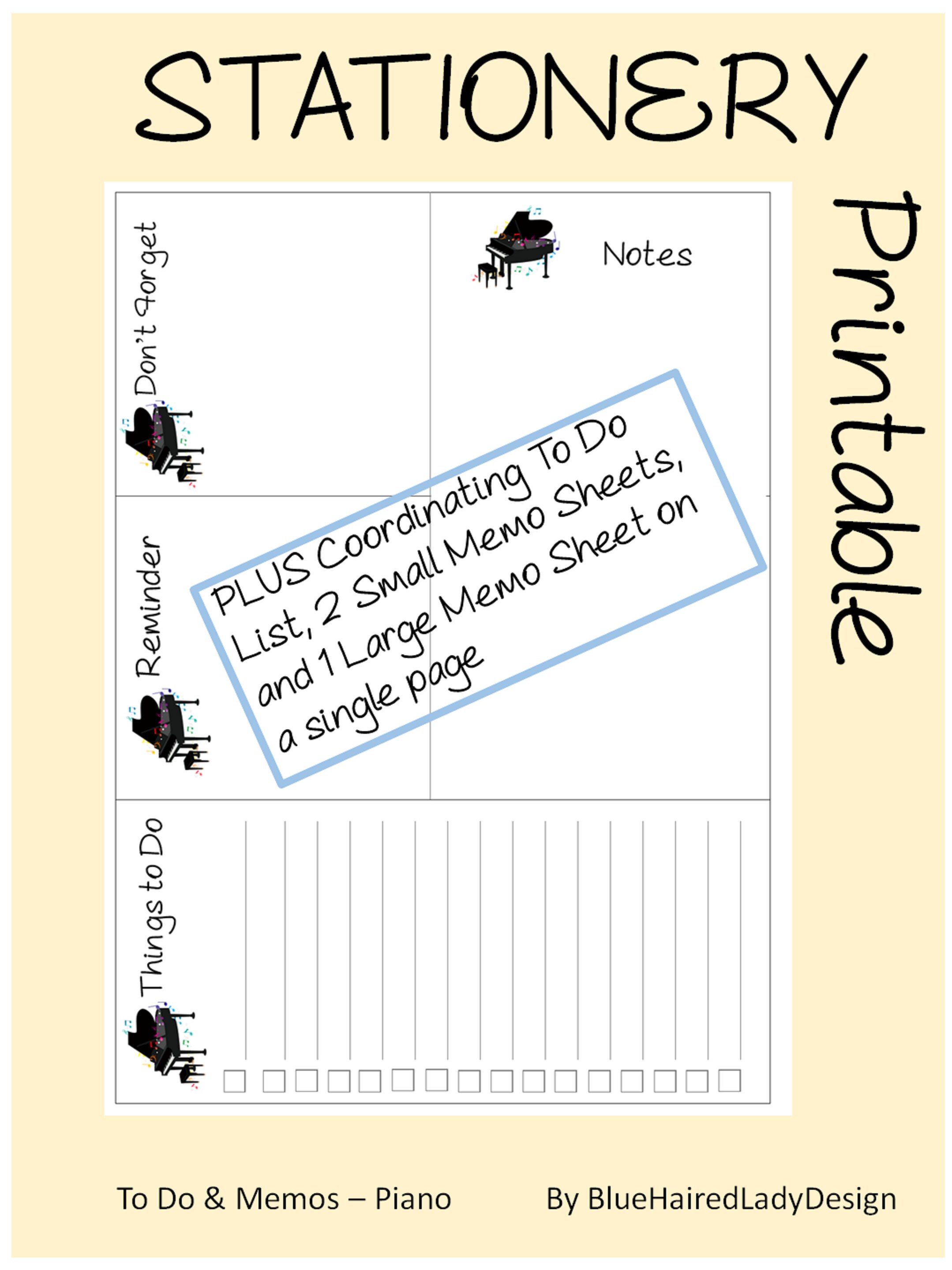 PIANO Printable Stationery Paper Set to Do List &amp; Memo Sheets 6 ITEMS ...