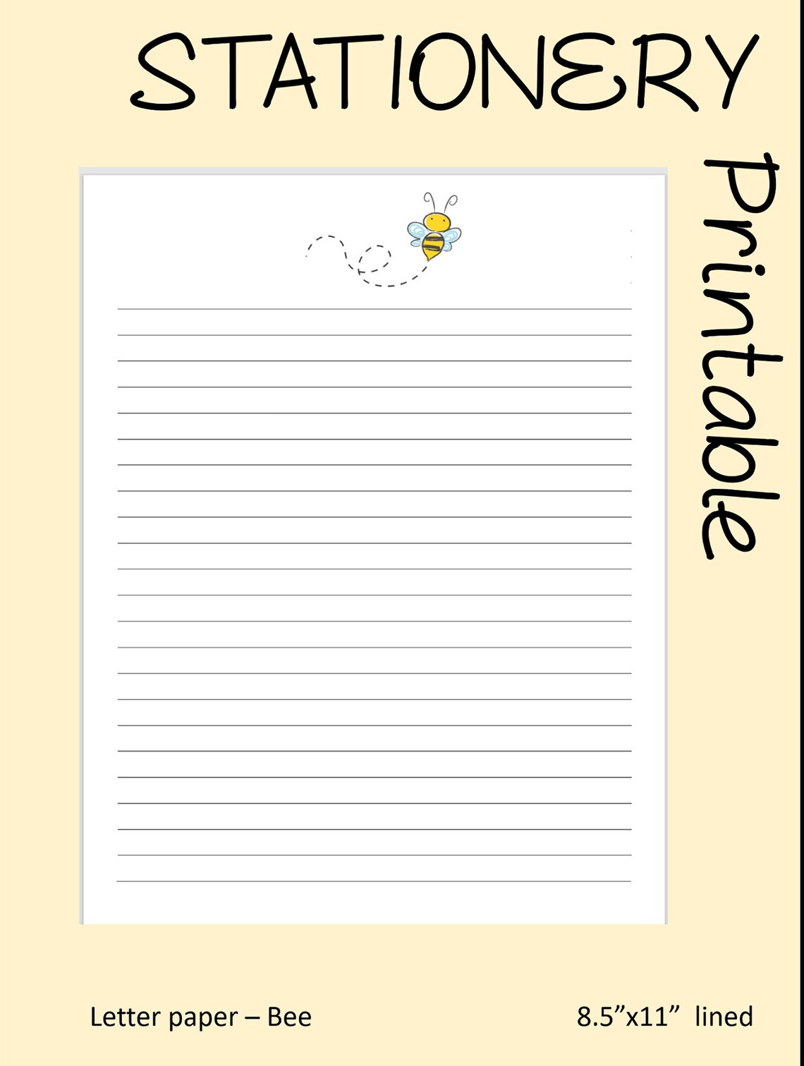 Bee printable stationery paper 8.5x11 Lined | Etsy