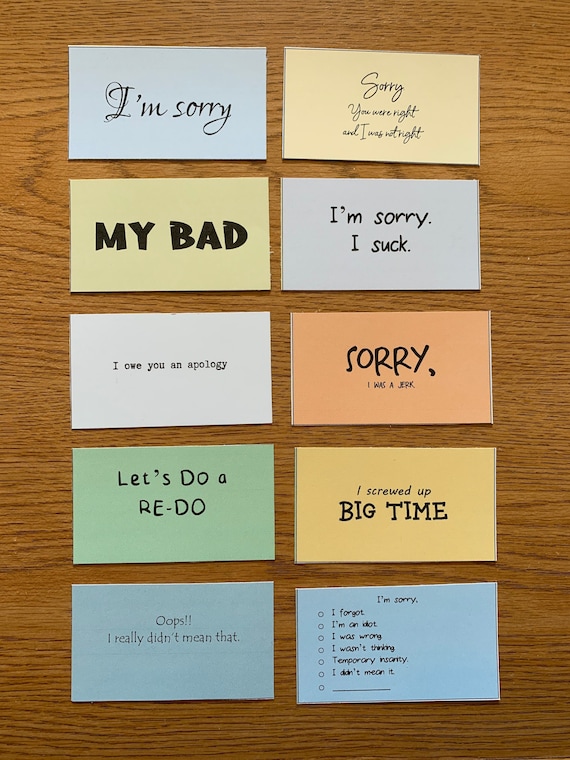 Printable apology mini cards, set of 10, instant download, i'm sorry, ink friendly, funny sorry card, apology card, sarcastic card (Set #1)