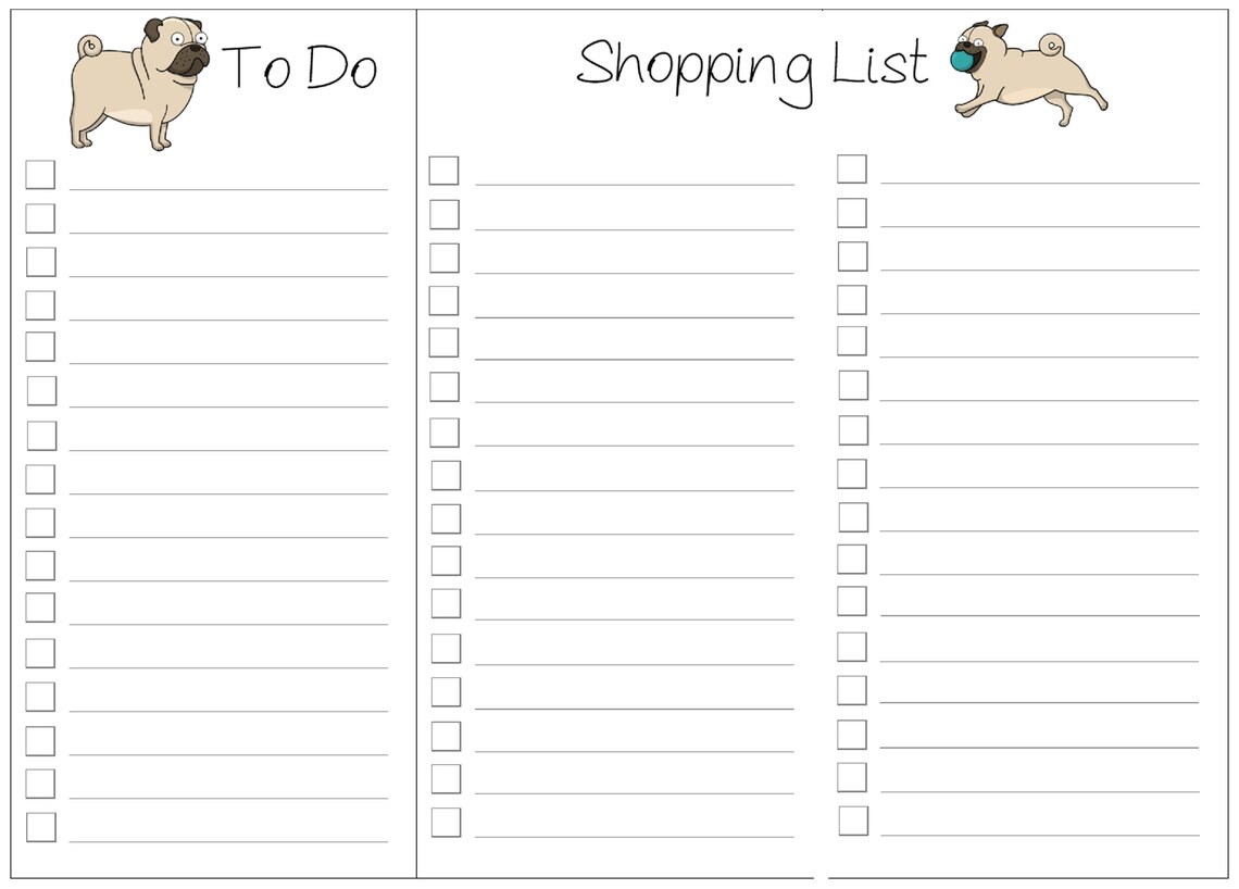 2 Pugs Printable Stationery Paper Set to Do Lists &amp; Memo - Etsy