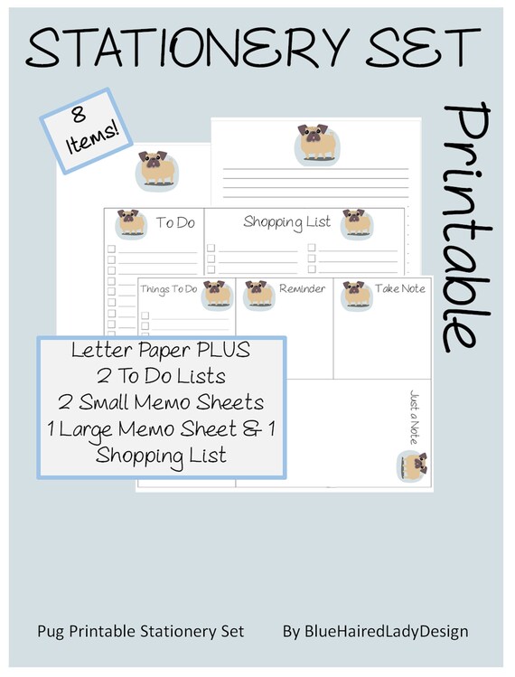 Pug Printable Stationery Paper Set to Do Lists &amp; Memo Sheets | Etsy