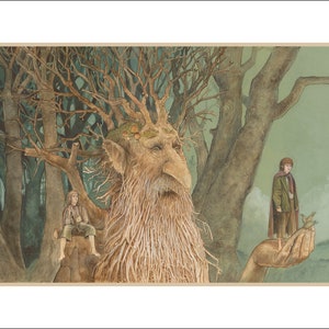 May include: Watercolor illustration of a tree-like figure with a long beard and a face, holding a small figure in its hand. Another figure sits on a tree branch. The background features a forest with tall trees and a soft green hue.
