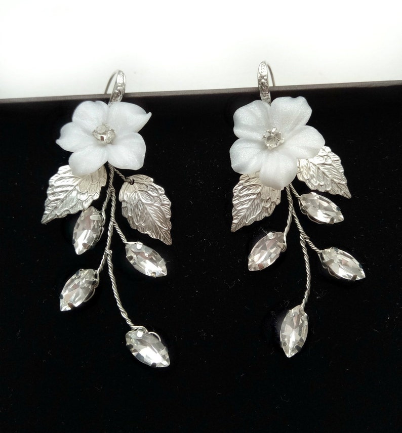 White Flower Dangle Wedding Earrings Crystal Vine Earrings Etsy