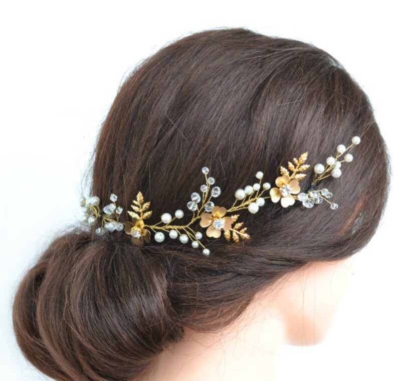 Gold Leaf Bridal Hair Piece Gold Floral Wedding Headpiece Crystal Pearl Wedding Hair Vine Bridal Hair Jewelry Bridesmaid Hairpiece