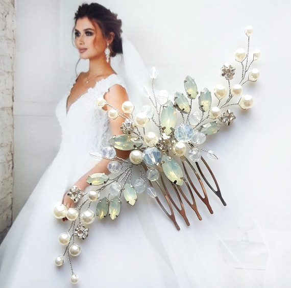 White opal hair comb Moonstone wedding hair piece for bride