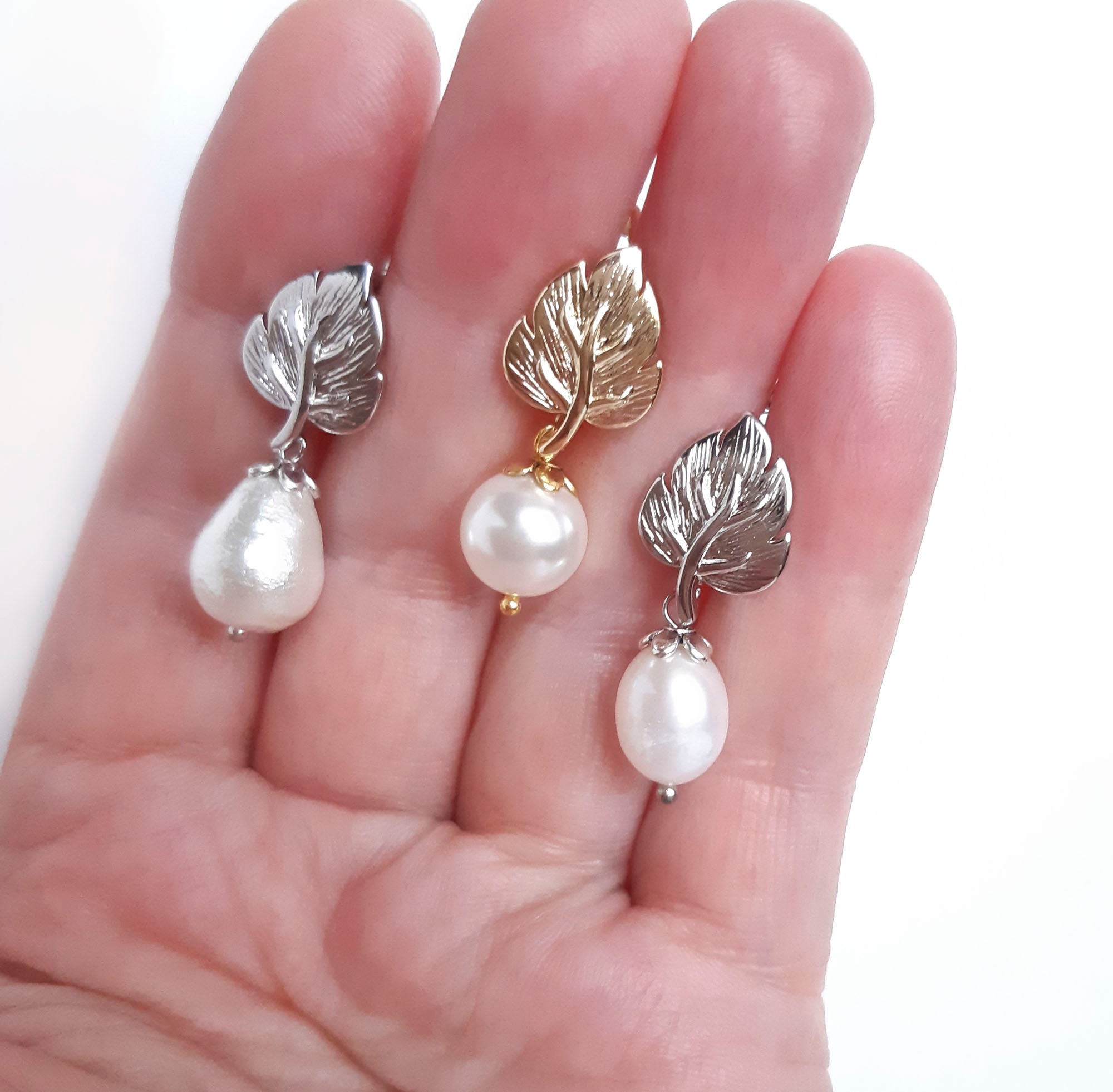 Wedding pearl drop earrings Bridal leaf earrings Dangle bridal Etsy