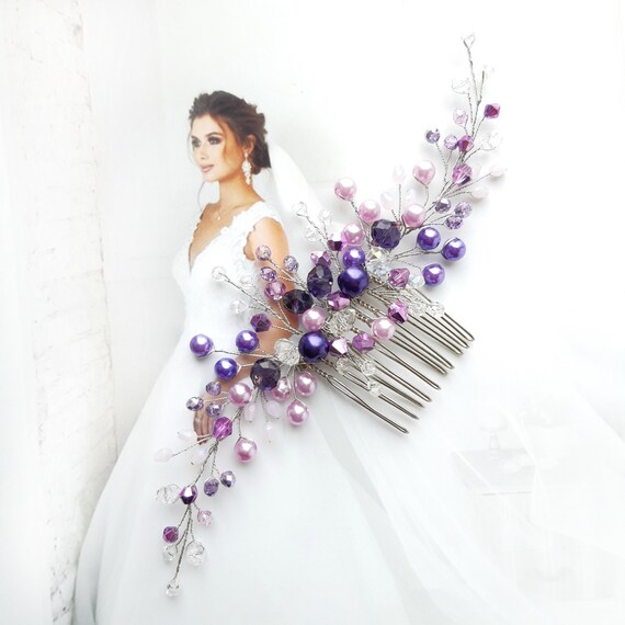 Purple wedding hair comb, Pearl crystal bridal hair piece, Lavender bridal hairpiece