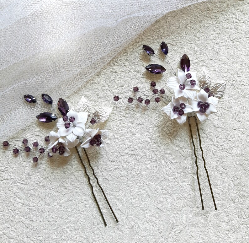 Purple bridal hair pin Flower hair piece Rhinestone Lavender Etsy