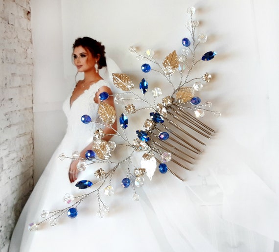 Blue wedding hair comb Bridal sapphire blue rhinestone hair piece with leaves