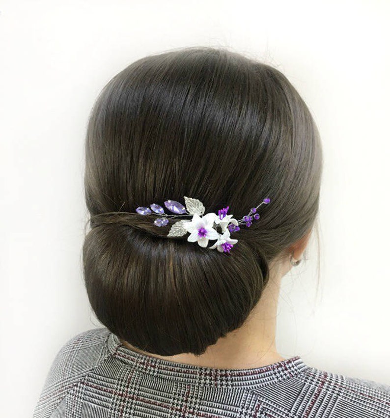 Purple bridal hair pin Flower hair piece Rhinestone Lavender Etsy