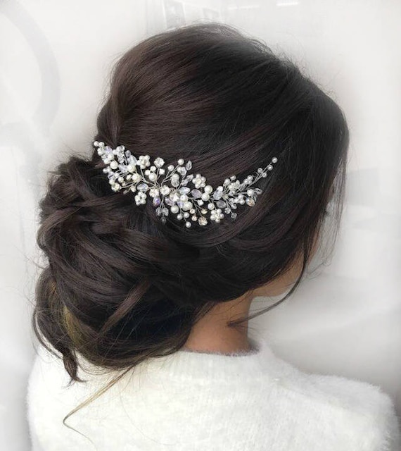 Wedding hair piece pearl crystal Bridal hair comb silver or gold
