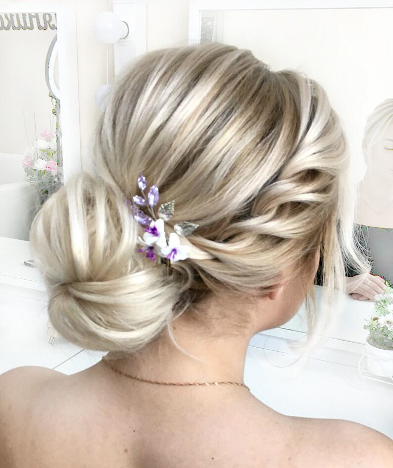 Purple bridal hair pin Flower hair piece Rhinestone Lavender Etsy
