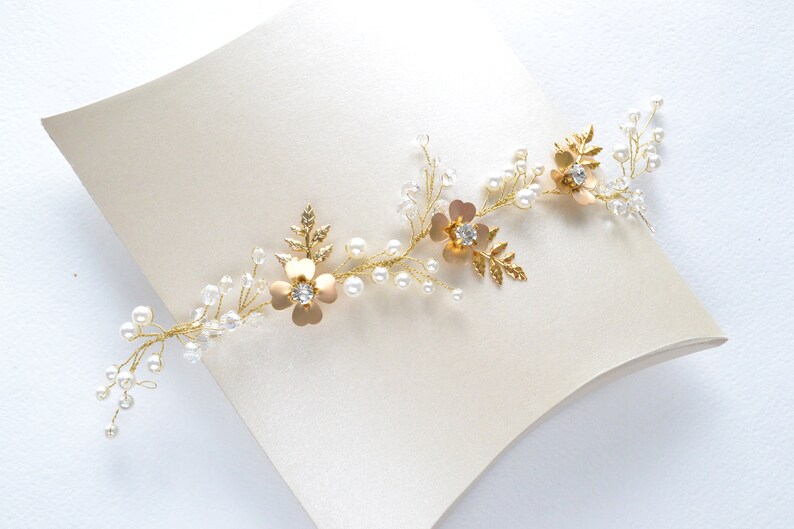 Gold Leaf Bridal Hair Piece Gold Floral Wedding Headpiece Crystal Pearl Wedding Hair Vine Bridal Hair Jewelry Bridesmaid Hairpiece