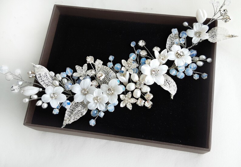 Bridal Hair Vine Silver Leaf White Flower Bridal Hair Piece Etsy