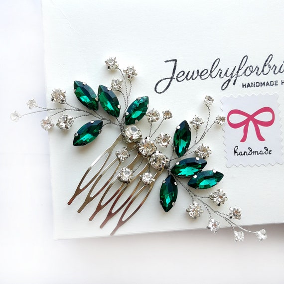 Bridal hair comb Emerald headpiece Green crystal hair piece