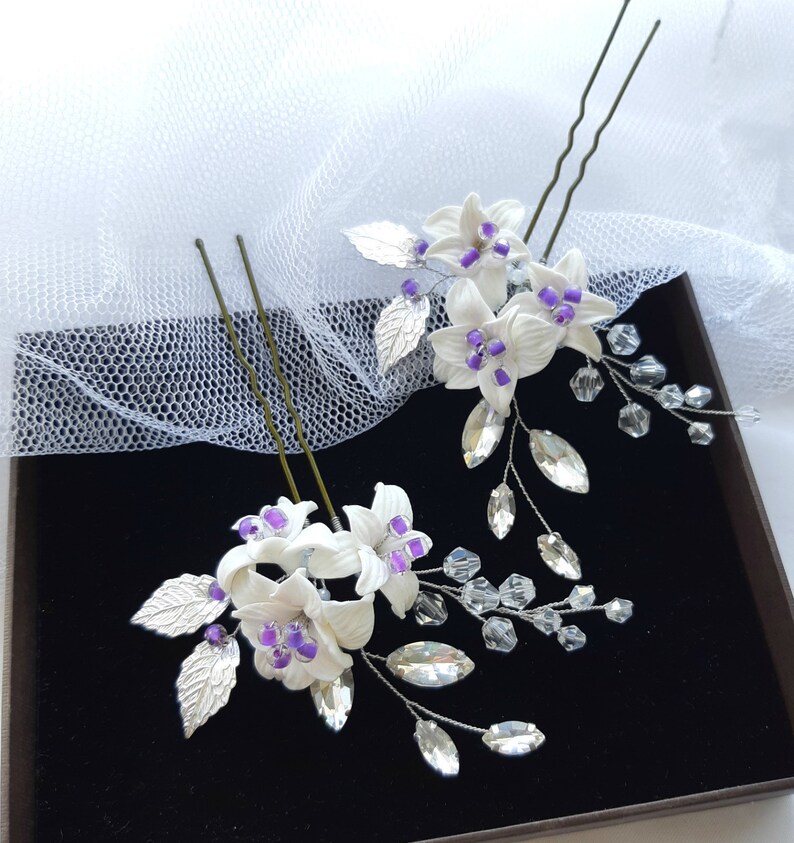 Purple bridal hair pin Flower hair piece Rhinestone Lavender Etsy