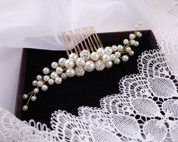 Pearl hair comb for bridal, wedding pearl hair piece, Bridal beaded comb silver or gold