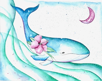 Whale Painting, Watercolor Painting, Whale Print, Whale and Sea, Whale Art, Whale Nursery, Blue Whale, Print titled, "Fun Day At Sea"