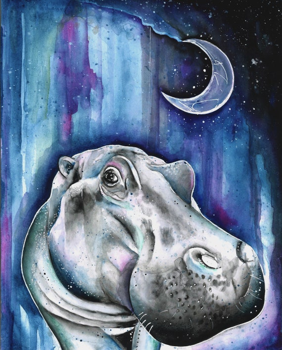 Hippo watercolor painting print by Aemi art animal Etsy