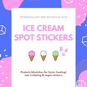 May include: A set of 12 ice cream cone shaped spot stickers. The stickers are 12mm in diameter and come in three flavors: vanilla, strawberry, and matcha. The stickers are designed to protect blemishes and promote faster healing. The text on the sticker reads "HYDROCOLLOID AND SALICYLIC ACID ICE CREAM SPOT STICKERS Protects blemishes for faster healing! non irritating & vegan stickers 12 x 12mm stickers 4 vanilla, 4 strawberry, 4 matcha"