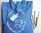 Printed Cotton Tote Bag // Time for Tea // Folk Teacup Teapot // Blue & White