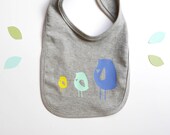Soft Grey Baby Bib // Cute Folk Bird Heart Illustration // Custom New Baby Gift Unisex yellow blue mint