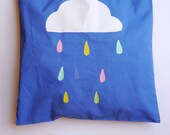 Sweet Colourful Rainbow Cloud or Folk Birds and Hearts with Clouds //  Handprinted blue cotton tote bag // personalise as a gift