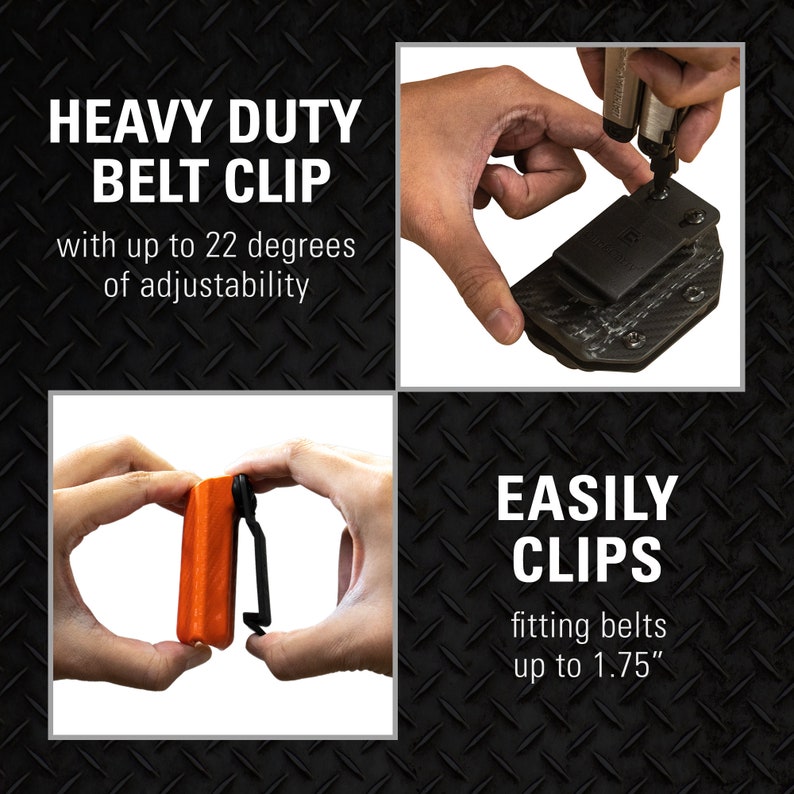 Puede incluir: Clip de cintur&oacute;n de alta resistencia con hasta 22 grados de ajuste. El clip se muestra fijado a un cintur&oacute;n y sostenido en una mano. El texto "EASILY CLIPS" se muestra con el texto "fitting belts up to 1.75" pulgadas."