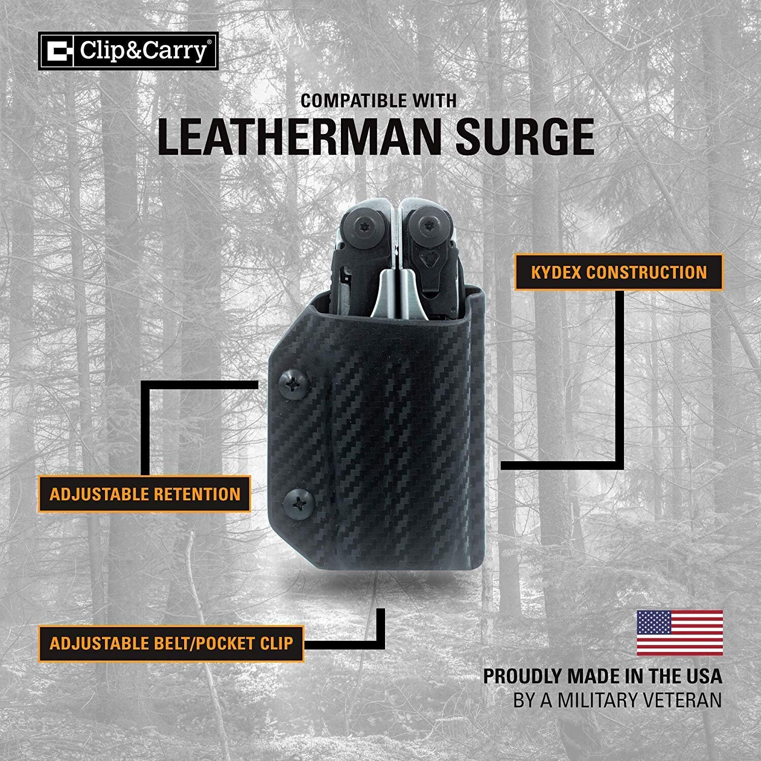 Clip & Carry Kydex Sheath For LEATHERMAN Surge – USA-Made Multi-Tool Holster With Custom Fit (Tool Not Included) – Black