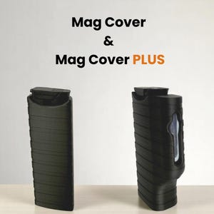 May include: Two black Mag Covers are displayed against a white background. The text "Mag Cover & Mag Cover PLUS" is at the top. The Mag Cover on the left is a solid, rectangular shape. The Mag Cover PLUS on the right has a curved design with a visible interior.