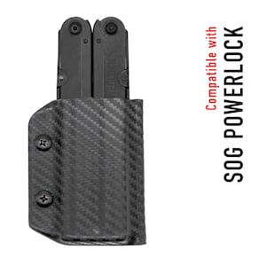 May include: A black multi-tool with a carbon fiber sheath. The sheath has two snaps and is compatible with the SOG Powerlock.