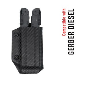 May include: A black carbon fiber multi-tool holster with two screws. The holster is compatible with the Gerber Diesel multi-tool.