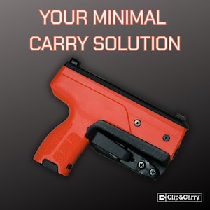 May include: A red and black handgun with the text "YOUR MINIMAL CARRY SOLUTION". The handgun is in a black holster with a clip. The brand name "Clip & Carry" is in the bottom right corner.